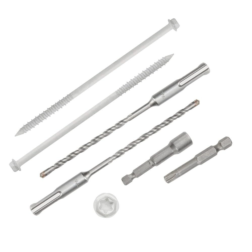 1/4" x 6" Concrete Screws, White Hex Head with Star Drive, 100 Pack w/ 2 Drill Bits, 1 Star Bit, & 1 Hex Bit Included
