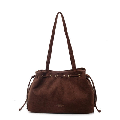 Retro Suede Bucket Purse Causal Travel College Crossbody Bag Drawstring Handbag Purse for Women Shouder Straps Tote