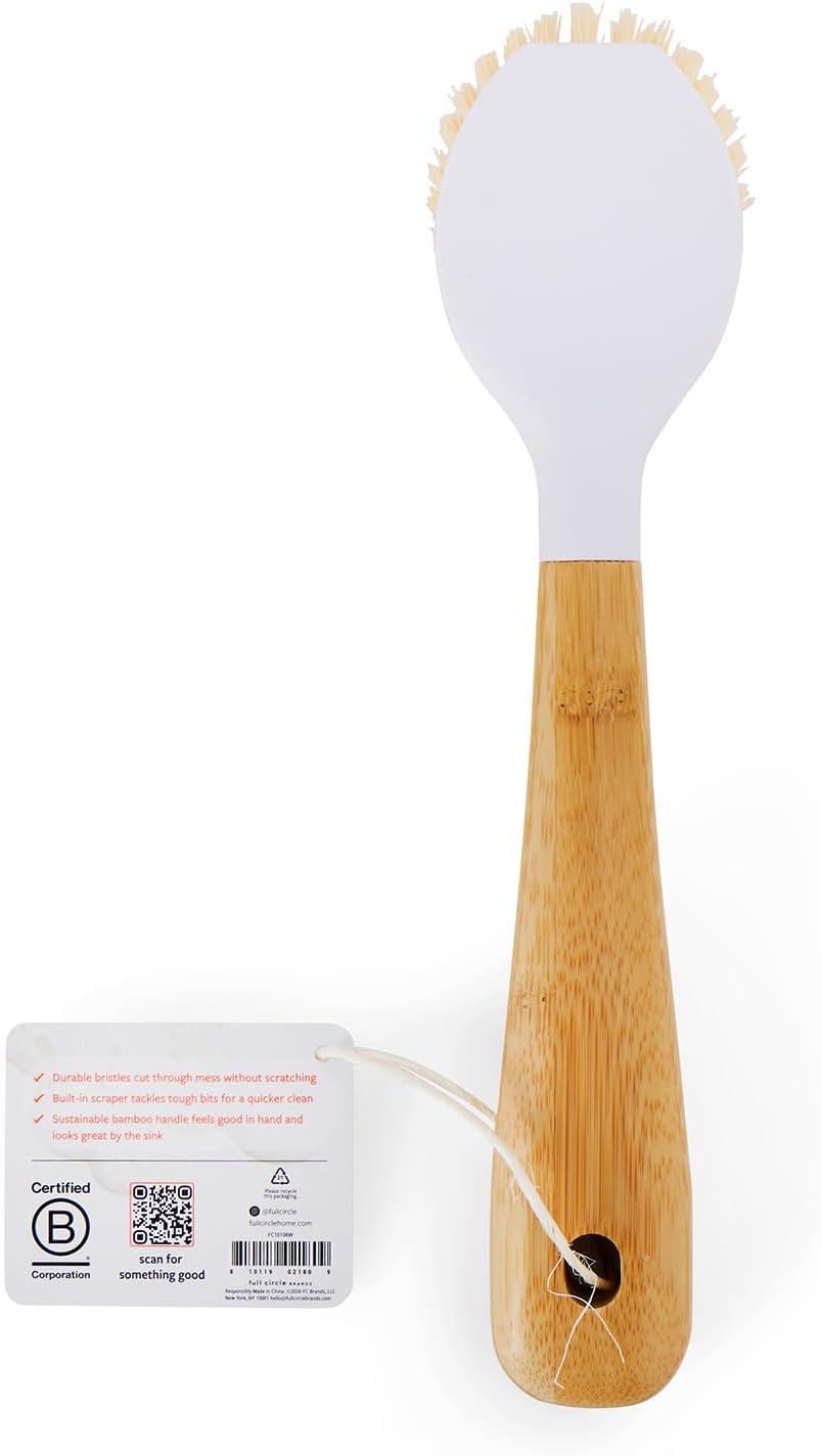 Kitchen Dish Brush, Bamboo Handle & Strong Bristles, White 1pk