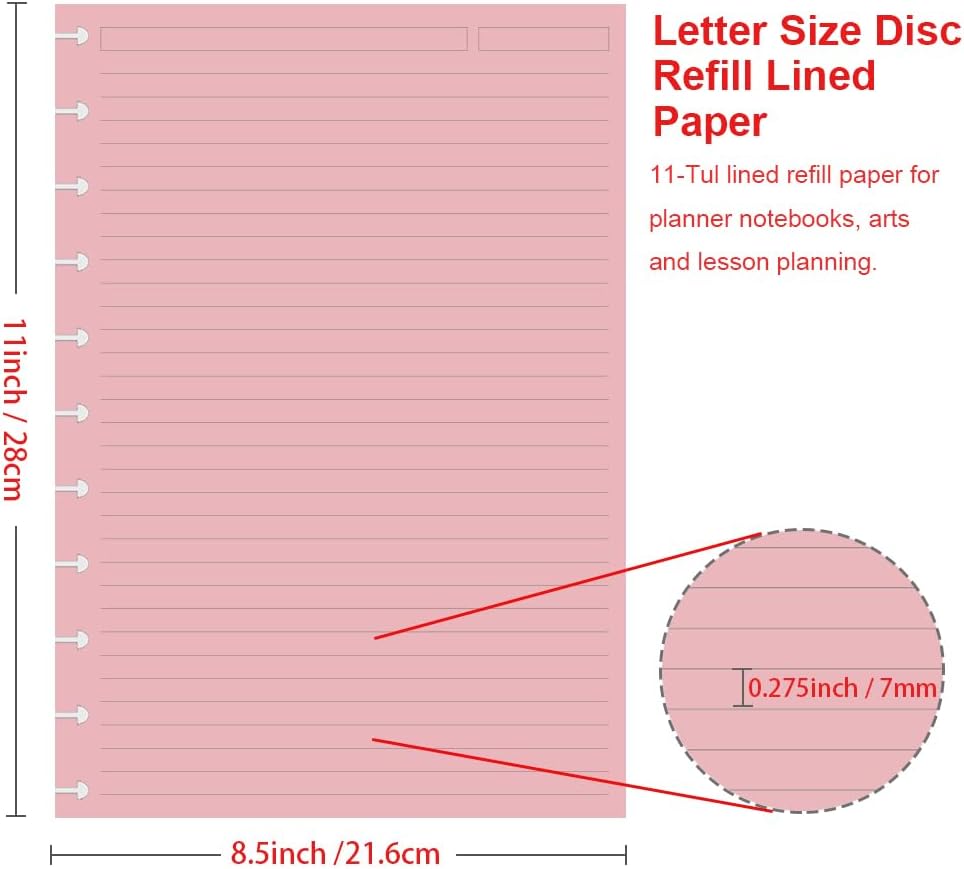 Letter Size Discbound Lined Refill Paper, 11 Disc Discbound, 5 Colors(20 Sheets/Color), Total 100Sheets / 200Pages