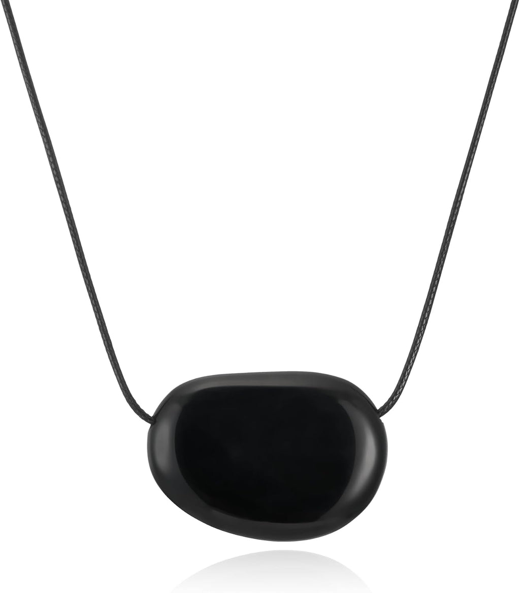 Silver Plated Pebble Pendant Necklace for Women,Chunky Silver Bean Necklace,Large Charm Pendant Necklaces,Black Cord