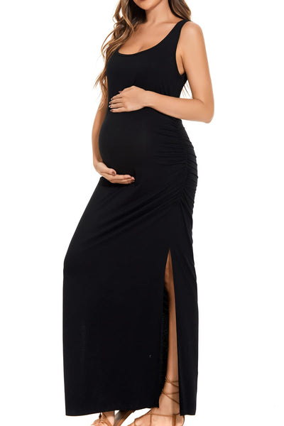 Women's Split Long Maternity Dress Sleeveness Ruched Pregnancy Clothes Medium Black