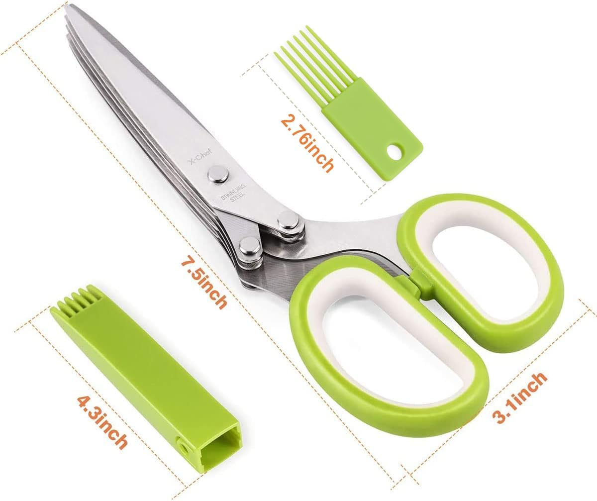 Herb Scissors, X-Chef Multipurpose 5 Blade Kitchen Herb Shears Herb Cutter with Safety Cover and Cleaning Comb for