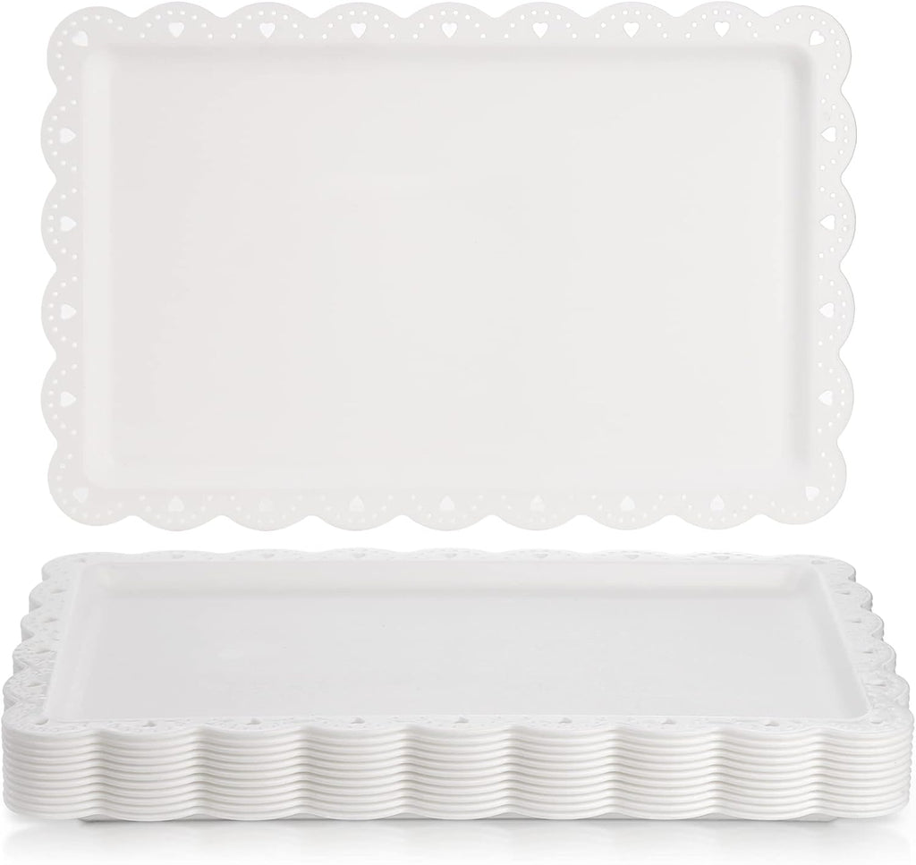 12 Pack White Plastic Serving Tray with Lace Rim, Rectangle Food Trays, Disposable Serving Platters and Trays for