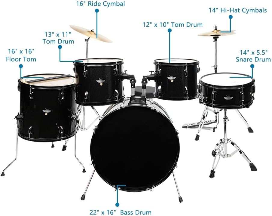 22 Inch Complete Adult Drum Set, 5-Piece, Black | Beginner Drums Kit, with Cymbal Stands, Hi-hat Stand, Sticks, Drum