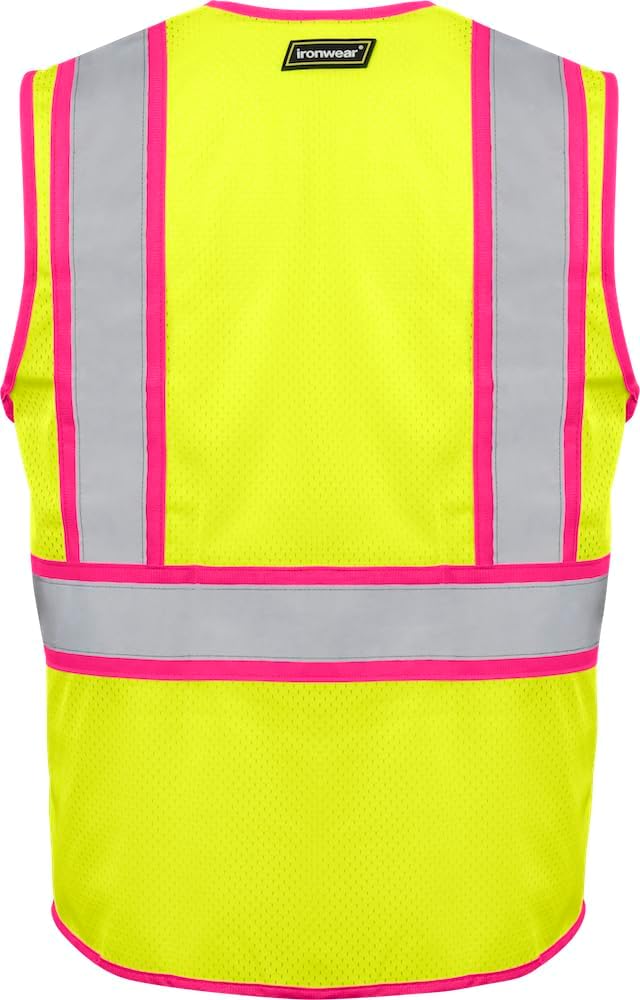 1284-LZ-PT-4-XL ANSI Class 2 Polyester Mesh SAFETY Vest with Zipper & 2" Silver Reflective Tape w/Pink Trim, Lime