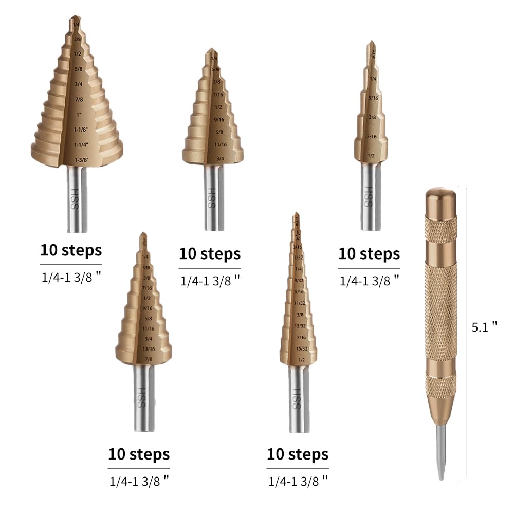 5PCS Step Drill Bit with Automatic Center Punch