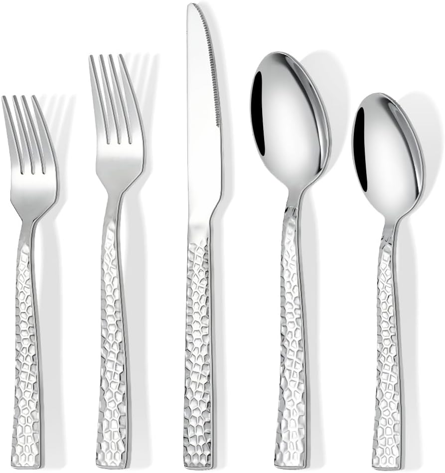 60 Piece Silverware Set for 12, Amafox Stainless Steel Hammered Flatware Set, Kitchen Utensil Cutlery Silverware Set