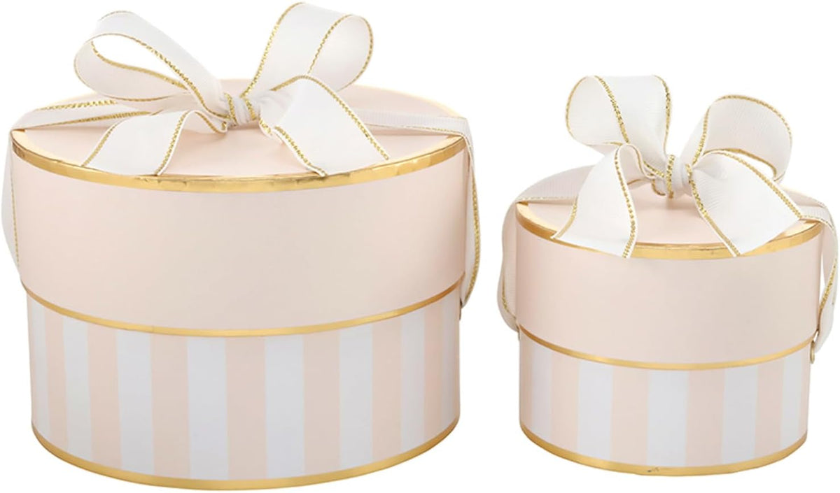 Gift Wrap Co. Nested Gift Box 2-Piece Set Round Designer Boxes with Lids, Large and Small, Pink Stripes