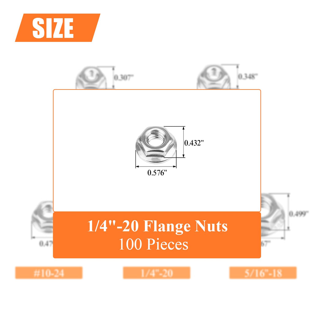 HELIFOUNER 100 Pieces 1/4”-20 Flange Nuts, Serrated Flange Hex Lock Nuts Assortment Kit, 304 Stainless Steel (18-8), Bright Finish, Coarse Thread