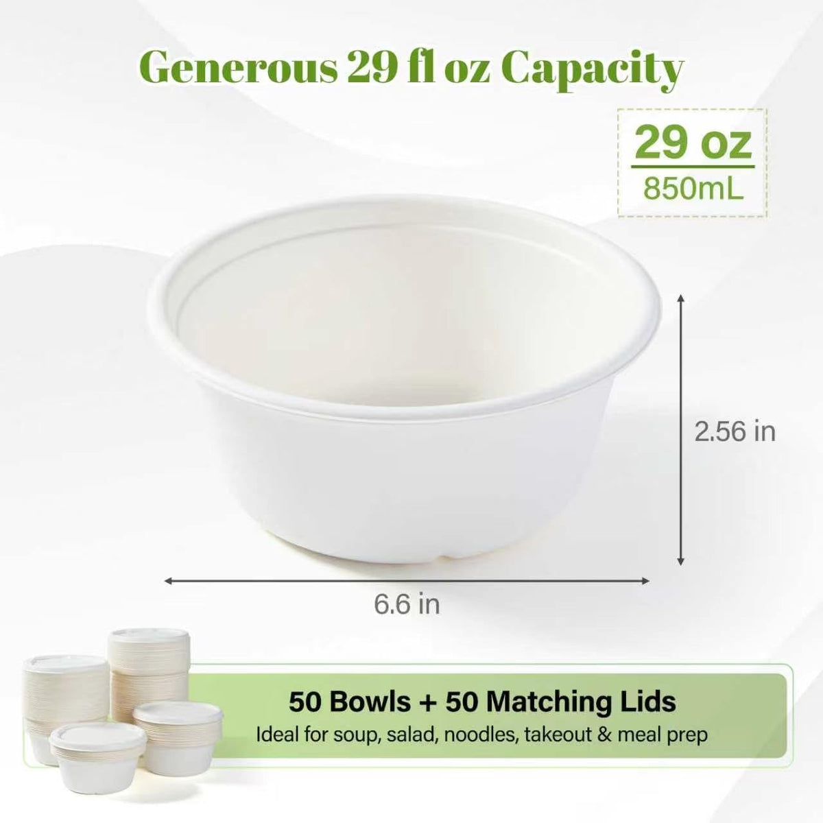 29 oz Disposable Bagasse Bowls with Lids, 50 Pack Compostable Soup Bowls with Lids, Sugarcane Fiber Food Containers
