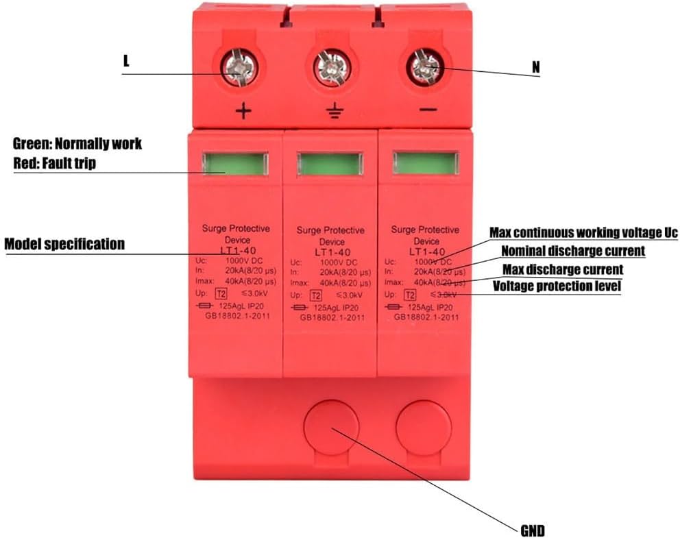 3P 1000V DC Sur-ge Protector 40KA – Thunder Arrester for Power System, DIN Rail Mount with Visual Alarm Indicator