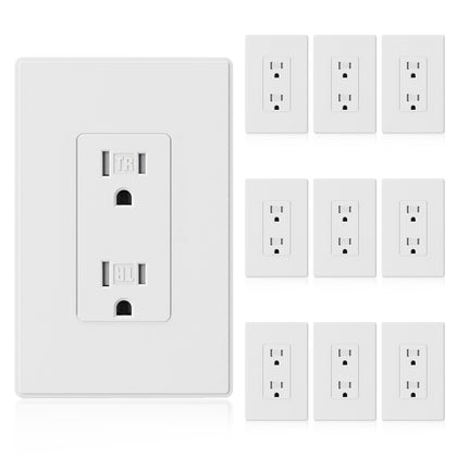 ELEGRP Matte White Decorator Wall Receptacle Outlets, Tamper Resistant 15 Amp Standard Electrical Wall Outlet, Residential Grade, Self-grounding, 125V, Mid Size Wall Plate Included, UL Listed, 10 Pack
