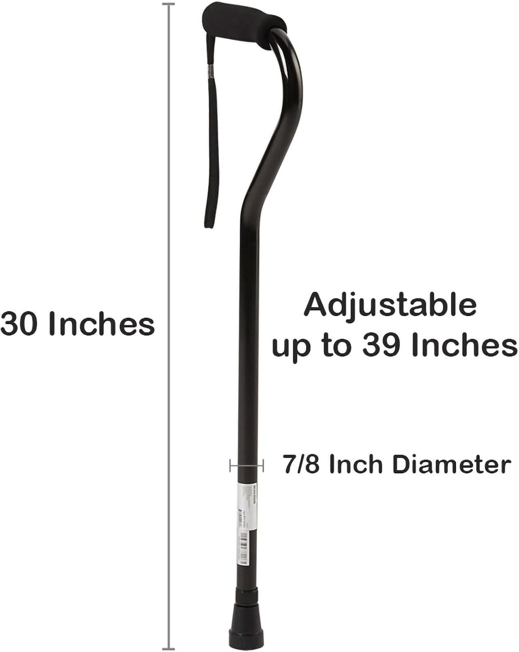Cane, Offset-Handle, Aluminum, Black, Adjustable Height 30 in to 39 in, 1 Count