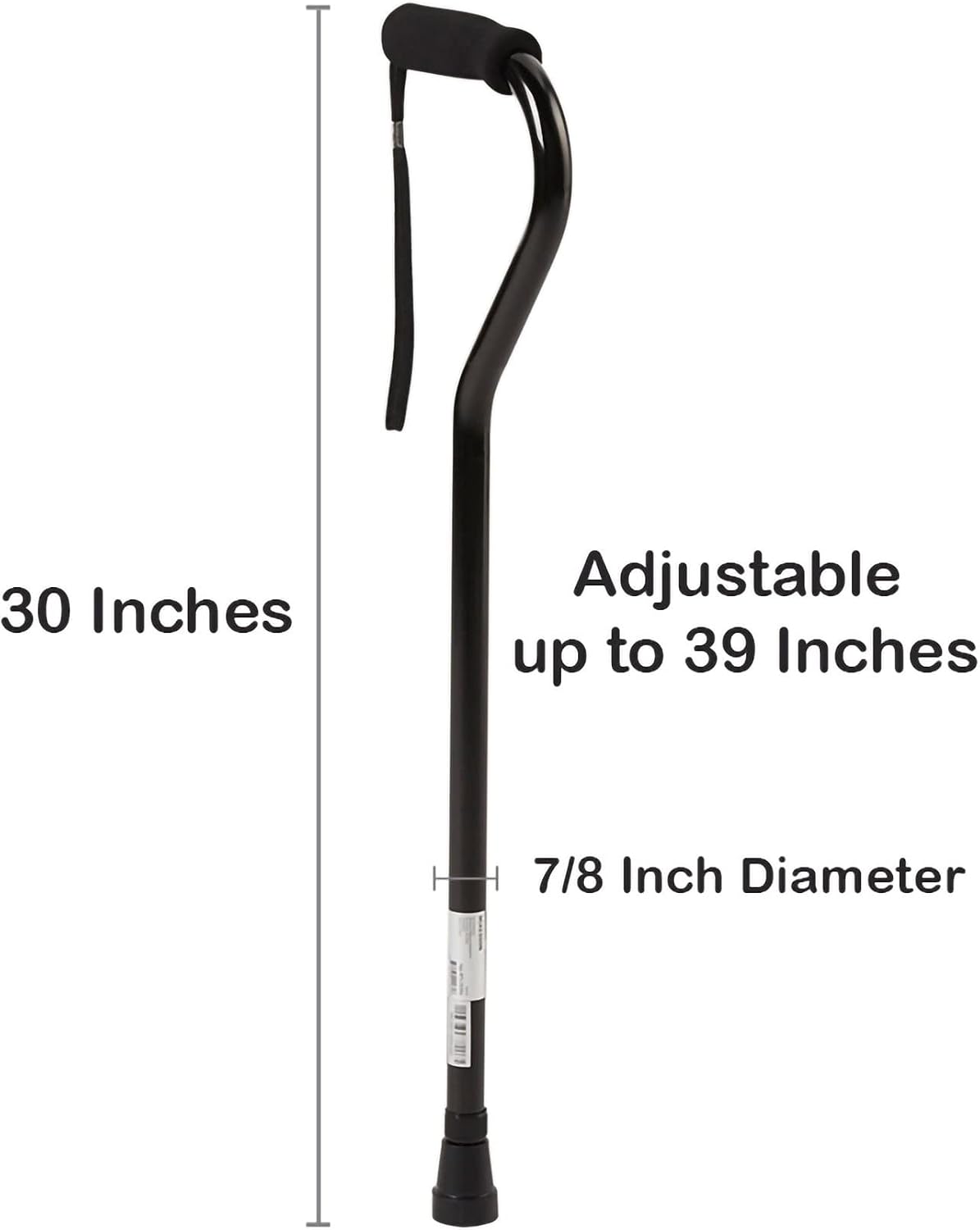Cane, Offset-Handle, Aluminum, Black, Adjustable Height 30 in to 39 in, 1 Count
