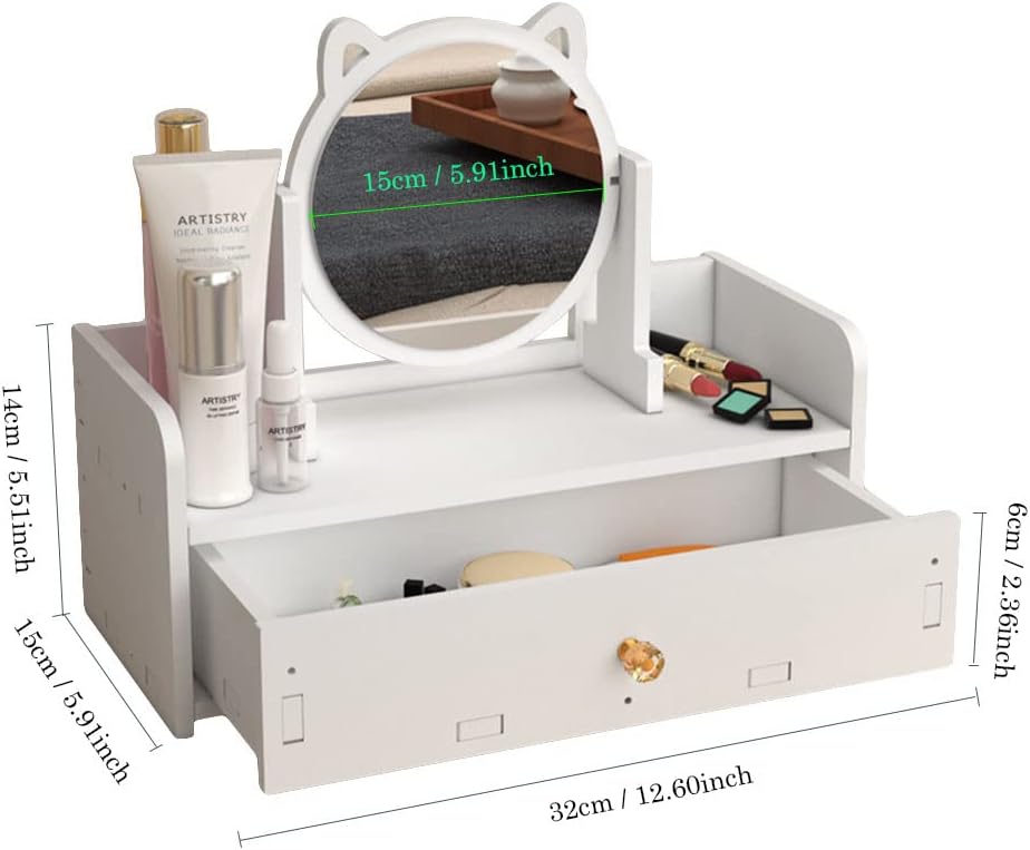 Cat Ear Vanity Mirror, Desktop Makeup Mirror with Drawer, Multipurpose Cosmetic Box, Plastic Cosmetic Storage