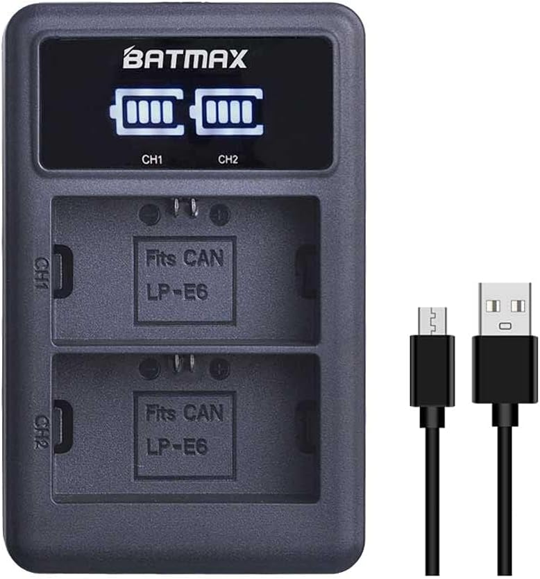 2Pcs 2650mAh LP-E6 LP-E6N Battery + LED Dual Charger for Canon EOS R, R5, R6, Ra, XC10, XC15, 5D Mark II/III/IV, 5DS