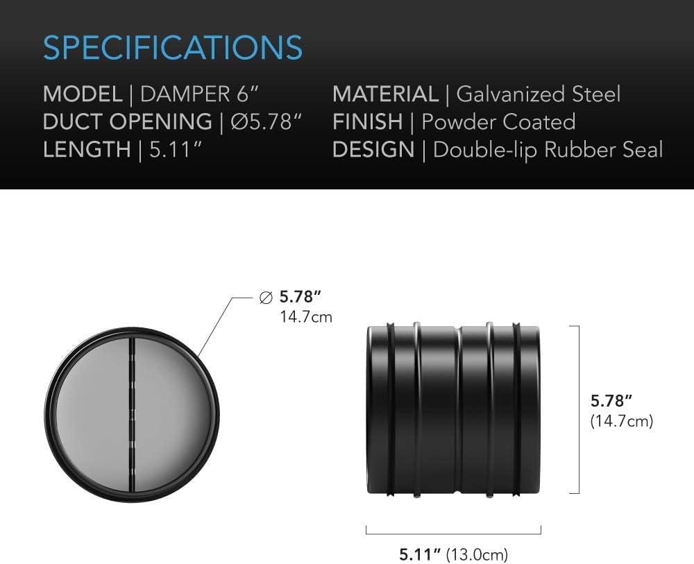 6" Backdraft Damper One-Way Airflow Ducting Insert. | With Spring-Loaded Folding Blades for 6” Ducting in Range Hoods