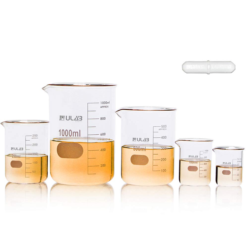 Scientific Glass Beaker Set with Magnetic Stir Bar Offered, 5 Sizes 50ml 100ml 250ml 500ml 1000ml, 3.3 Boro Griffin