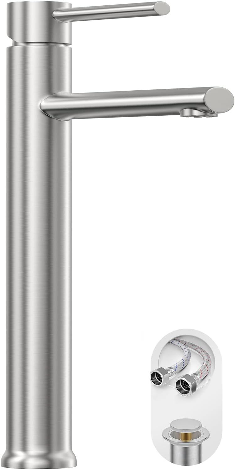 Brushed Nickel Vessel Sink Faucet, Tall Bathroom Faucets 1 Hole Single Handle Above Counter Sink Bathroom Faucet