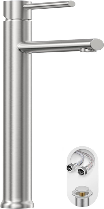 Brushed Nickel Vessel Sink Faucet, Tall Bathroom Faucets 1 Hole Single Handle Above Counter Sink Bathroom Faucet