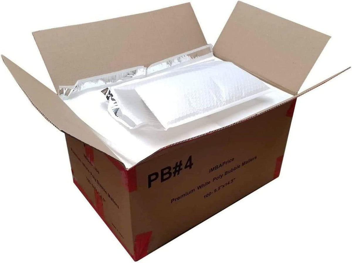 9.5x14.5 Inch White Poly Bubble Mailers #4, 100-Pack Large Padded Envelopes, Self-Seal Polybubble Shipping Bags for