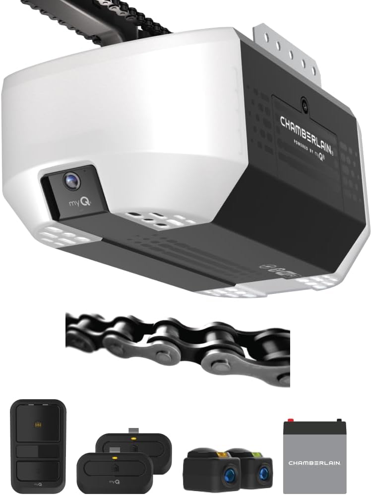 Chain Drive myQ Garage Door Opener, 3/4HP w/Fixed Camera | Heavy duty chain drive, Smart Garage myQ integration