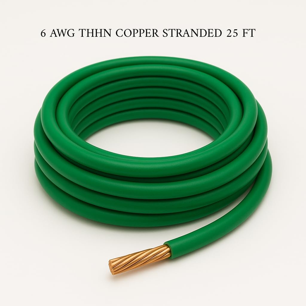 25 FT 6 AWG THHN THWN-2 Green Stranded Copper Building Wire – 19 Strand 600V