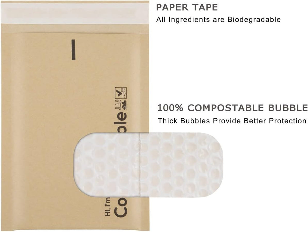 6x10 100% Biodegradable Bubble Mailers,25 Count Kraft Brown #0 Compostable Padded Packaging Wrap Envelopes Pouches