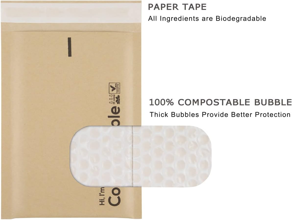 6x10 100% Biodegradable Bubble Mailers,25 Count Kraft Brown #0 Compostable Padded Packaging Wrap Envelopes Pouches