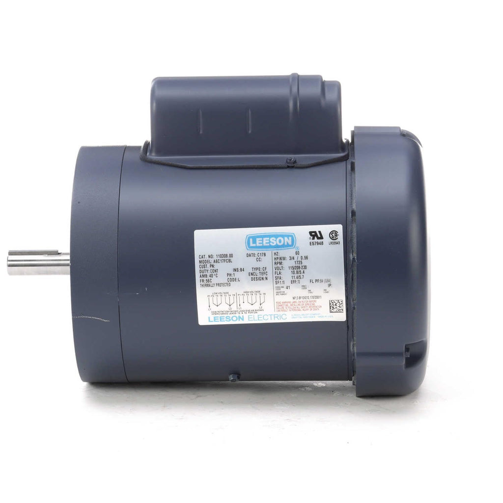 Leeson 110308.00 General Purpose C Face Motor, 1 Phase, 56C Frame, Round Mounting, 3/4HP, 1800 RPM, 115/208-230V Voltage, 60Hz Fequency