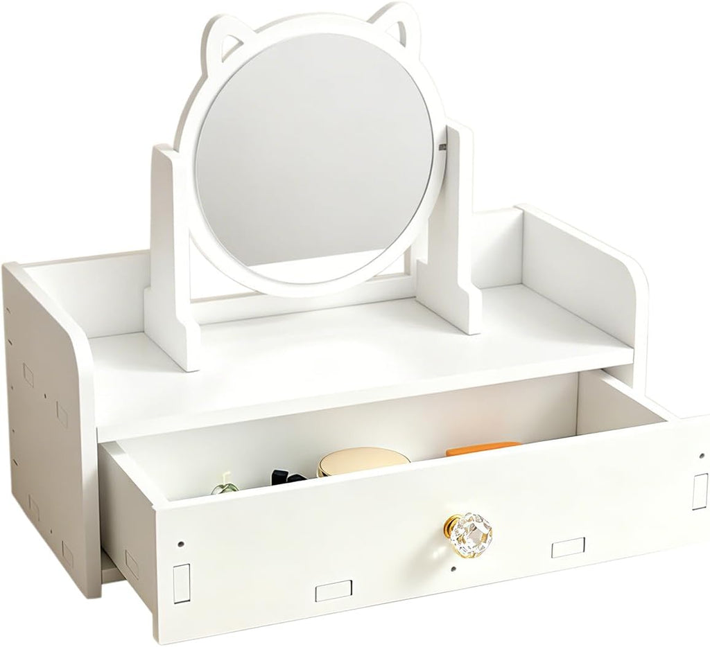 Cat Ear Vanity Mirror, Desktop Makeup Mirror with Drawer, Multipurpose Cosmetic Box, Plastic Cosmetic Storage