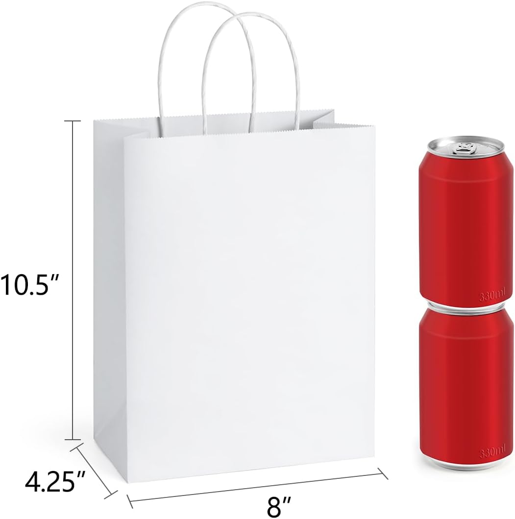Medium Gift Bags with Handles 8x4.25x10.5 Inch White 50 Pack Bulk
