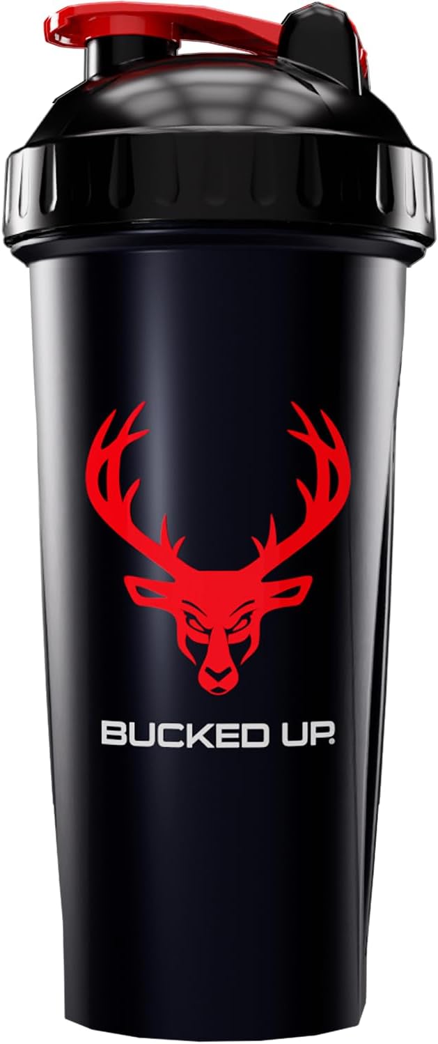 Perfect Shaker Bottle, 28oz, BPA-Free, Dishwasher Safe, Leak-Proof, Black Bottle with Red Buck Logo