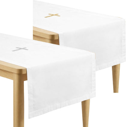 Set of 2 White Altar Cloths - Gold & Silver Cross Embroidery, Communion Tablecloths for Church, Baptism, First