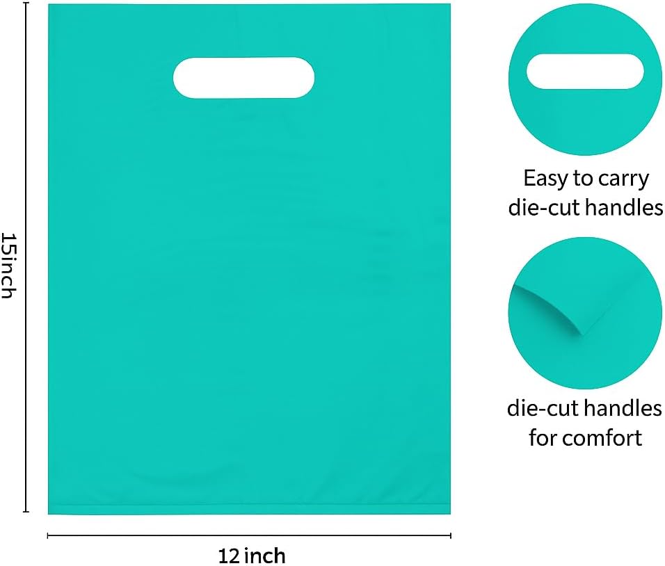 Plastic Shopping Bag with Die Cut Handle, 12" x 15" Teal, 100 Pack