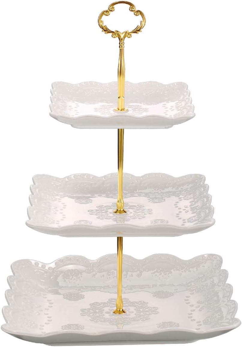3 Tier Porcelain Cupcake Stand, Tiered Serving Cake Stand, Square White Embossed Dessert Stand, Weddings Parties