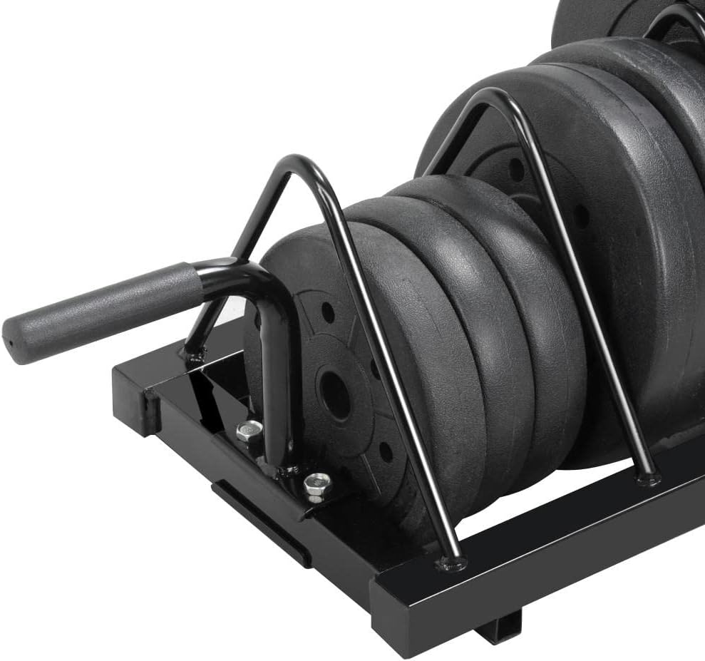Horizontal Bumper Weight Plate Rack, 2 Barbell Holders and Wheels | Heavy-duty iron frame stores up to 300 lbs of