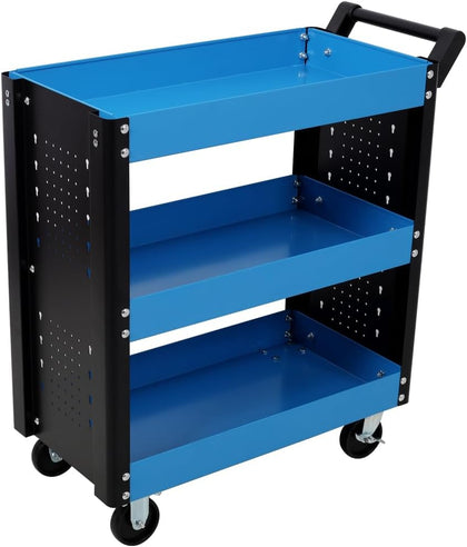 3 Tier Rolling Tool Cart on Wheels,Heavy Duty Utility Tool Cart with Pegboard for Repair Shop, Garage, Warehouse (Blue)