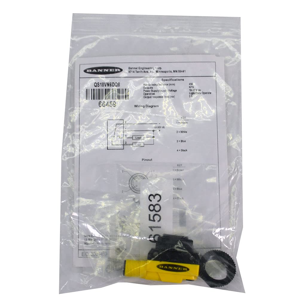 BANNER Engineering QS18VN6DQ8 (66459), 10-30 VDC, 450 MM Range, Diffuse, M12 Integral QD, NPN, PHOTOELECTRIC Sensor