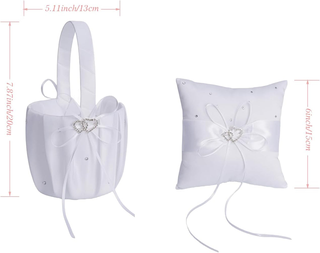 Wedding Ring Pillow and Flower Girl Basket Set – Adorned with Pearl Rhinestones, White Satin,White