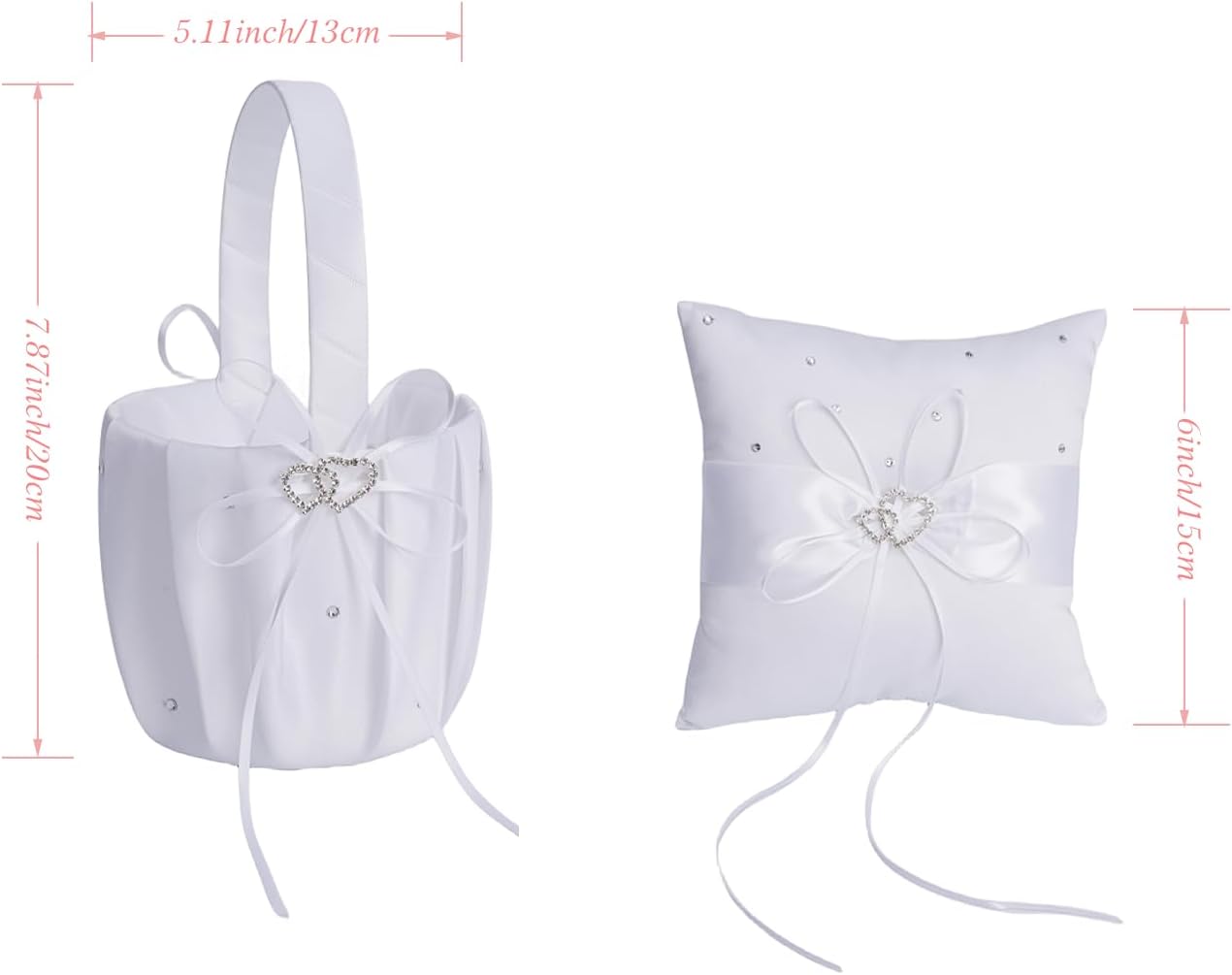 Wedding Ring Pillow and Flower Girl Basket Set – Adorned with Pearl Rhinestones, White Satin,White