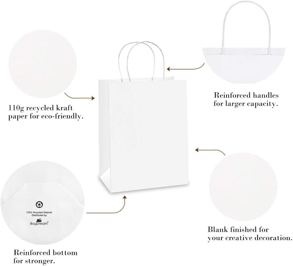 White Gift Bags with Handles 8x4.25x10.5 Inch Medium 100 Pack Bulk
