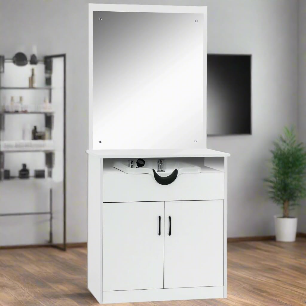 Backwash Shampoo Bowl Sink Chair Station with Mirror Salon Styling Cabinet Spa Equipment 3130 (White)