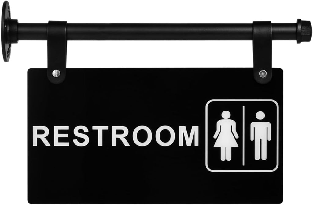 Restroom Sign, Double Sided Black Hanging Wall-Mounted Bathroom Sign