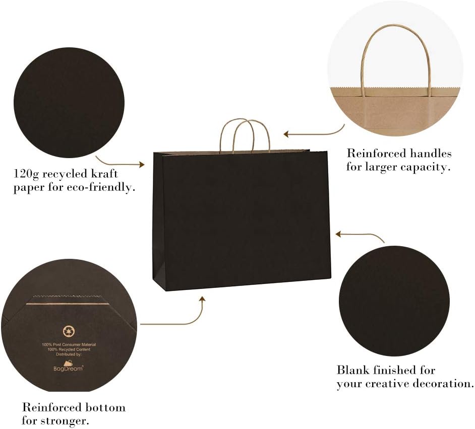 Kraft Paper Bags with Handles 16x6x12 Inch Black 50 Pack Bulk