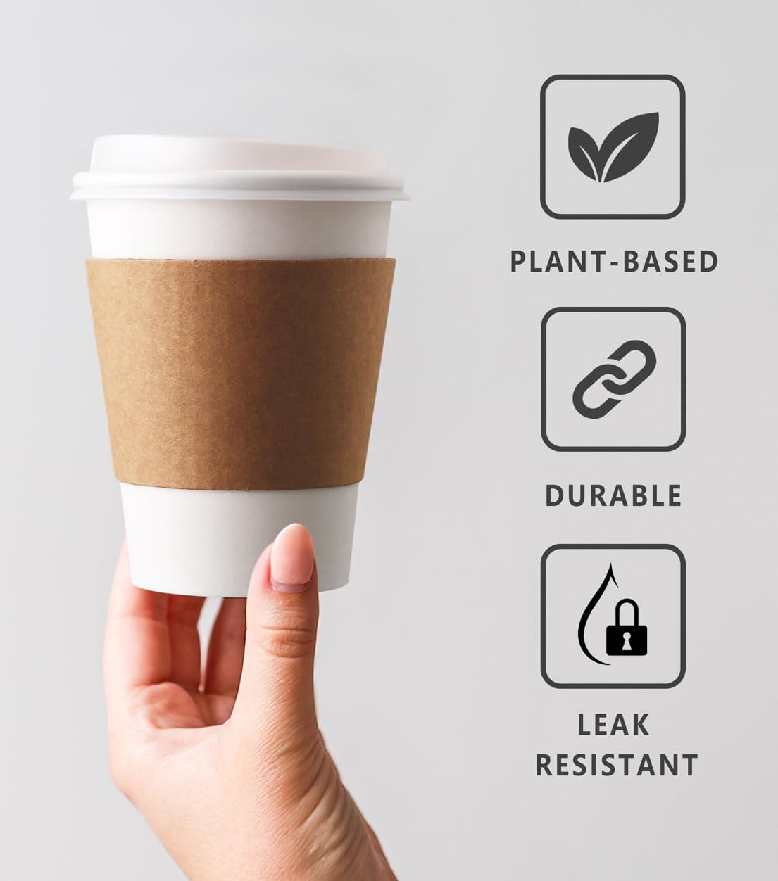 [50 pack 12 oz Compostable Coffee Cups with Lids and Kraft Sleeves
