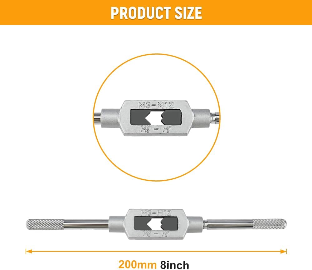 Hoteche 8 pcs Taps Set with Adjustable Tap Wrench 1/16-1/2'' for Internal and External Threading Taps Size M3 M4 M5 M6 M8 M10 M12