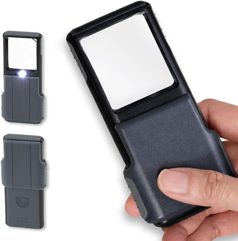 MiniBrite LED Lighted Slide-Out Aspheric Magnifier with Protective Sleeve (PO-55), 5X, Gray