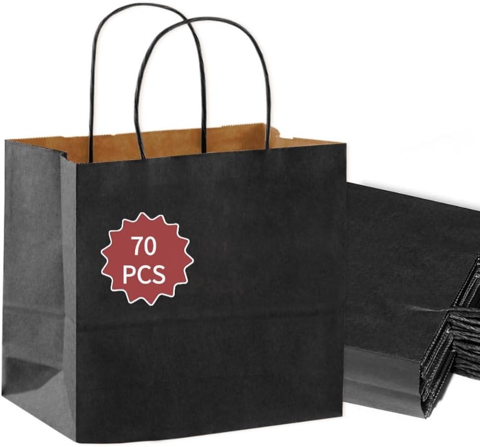 Black Kraft Gift Bags with Handles 13x7x14 Inch, 70 Pack